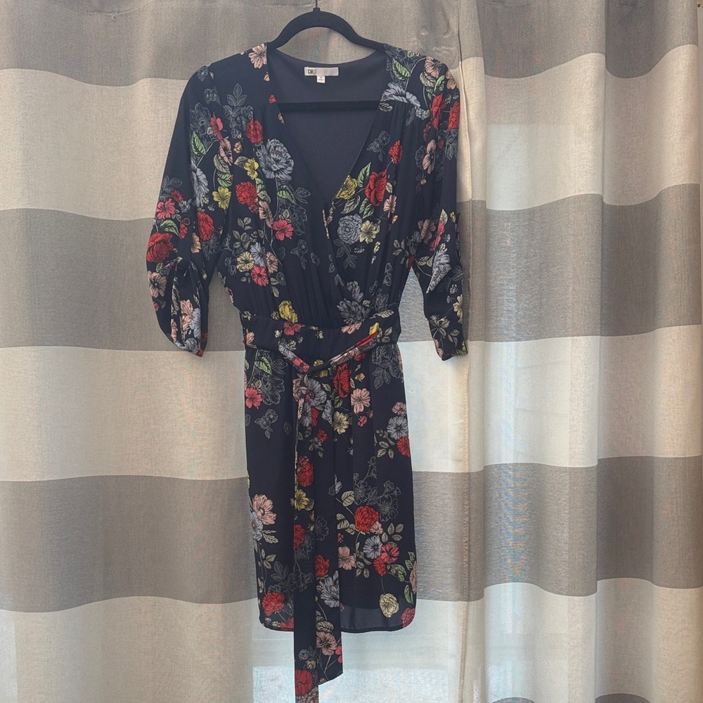 Floral Wrap Dress - Black with Multicolor Floral Pattern